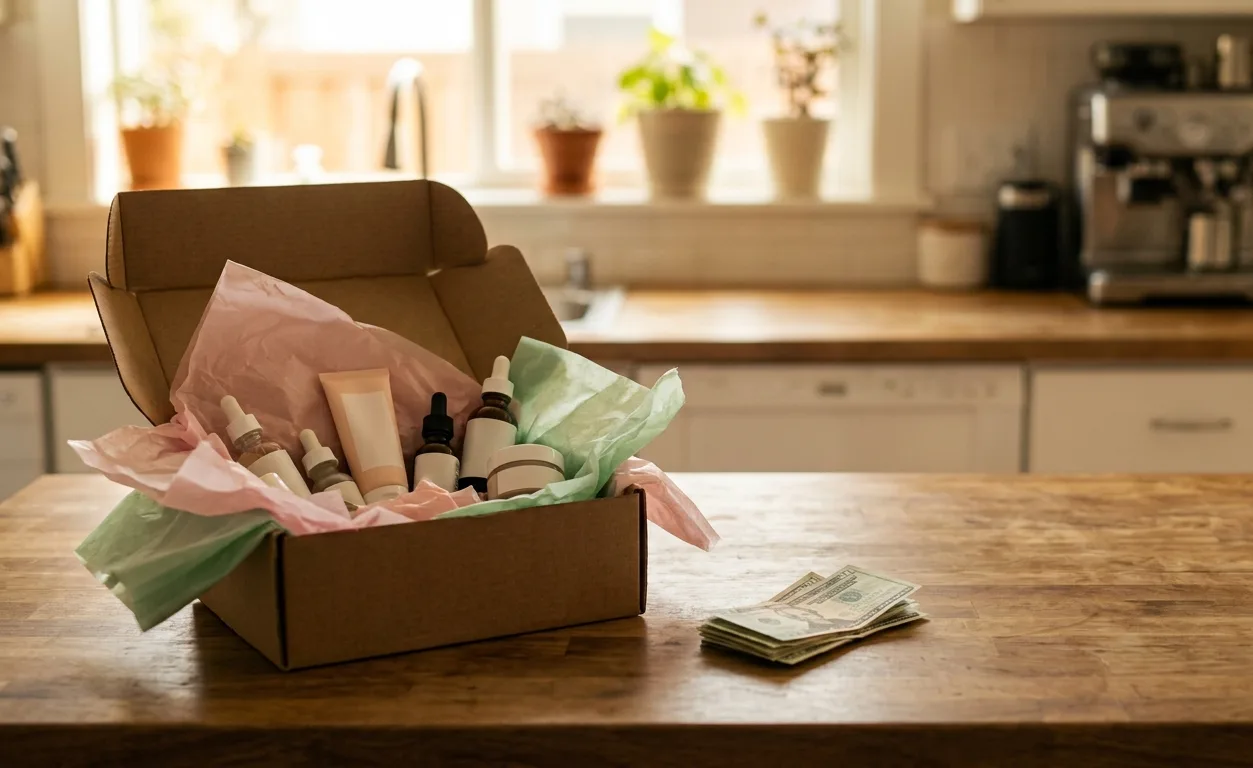 An open kraft PR box of blank-label skincare on a wooden kitchen counter, a small stack of cash beside it.