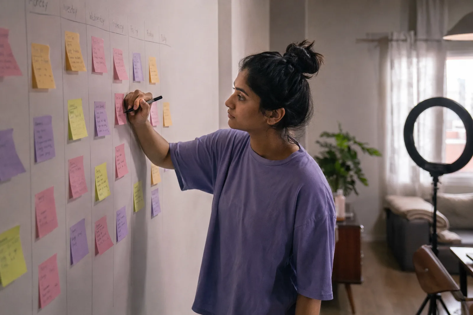 A creator standing at a wall of sticky notes arranged in a weekly grid, marker in hand, planning the month's shoots.
