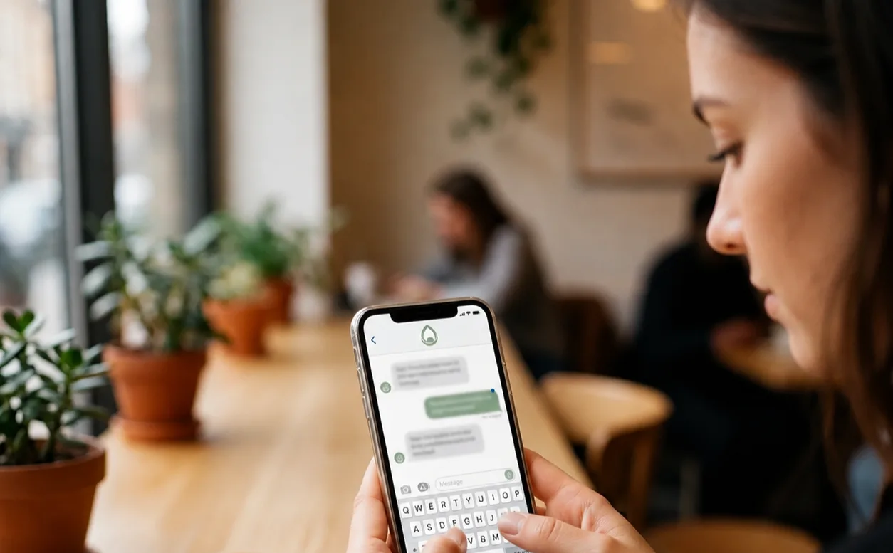 Over a creator's shoulder in a café: a phone showing a message thread with a small skincare brand, the reply half-typed.