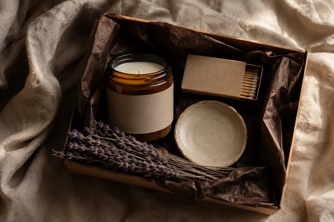 Box lined with dark tissue holding a candle, matches, and a ceramic dish.