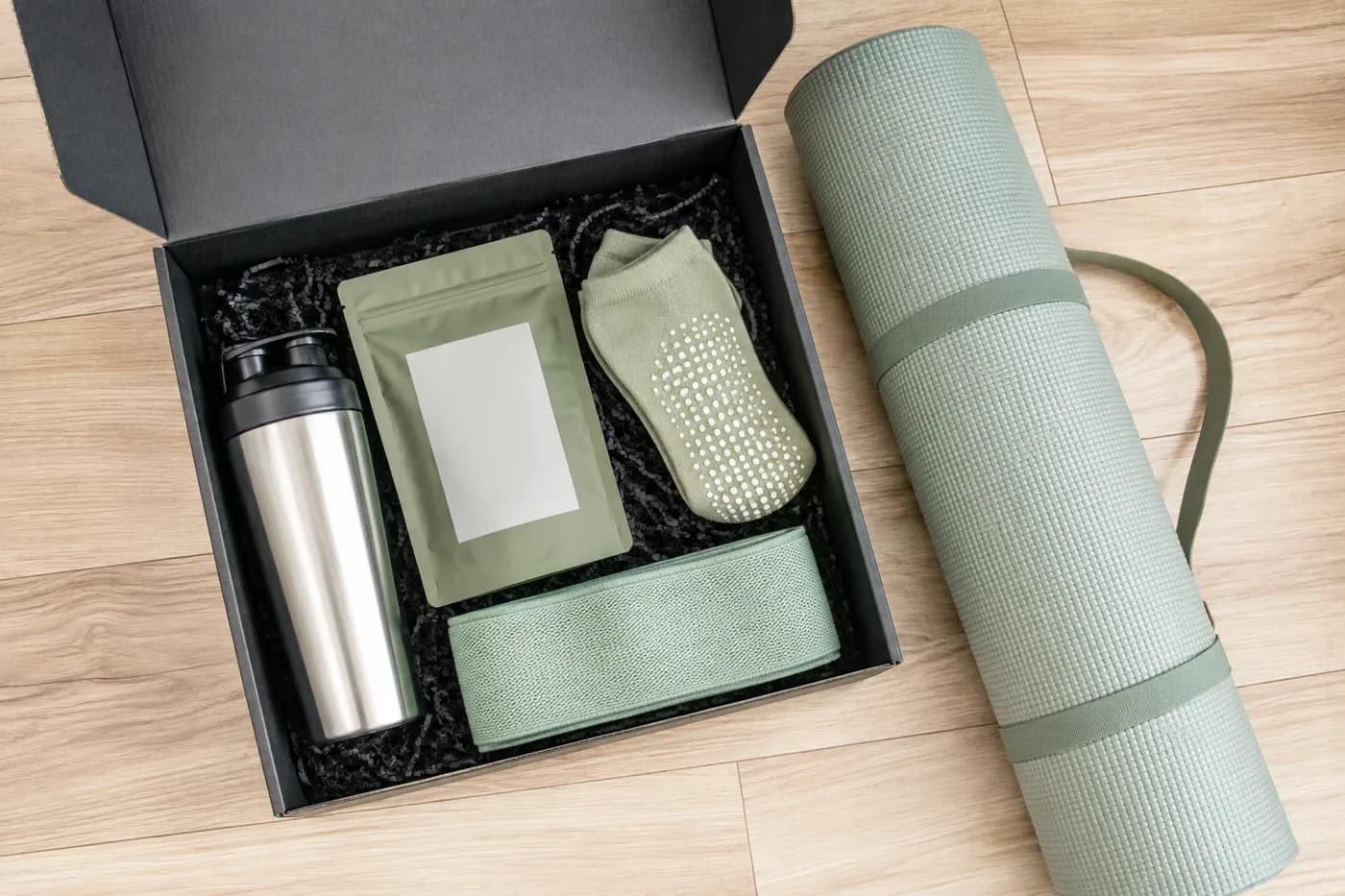 Black mailer box with a shaker bottle, supplement pouch, grip socks, and a band beside a yoga mat.