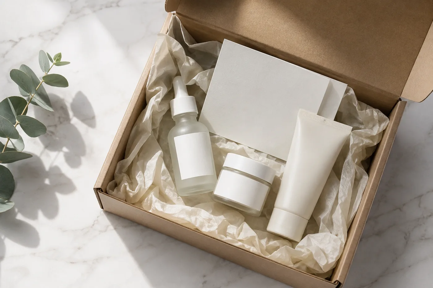Open kraft box with tissue paper and three blank-label skincare products.