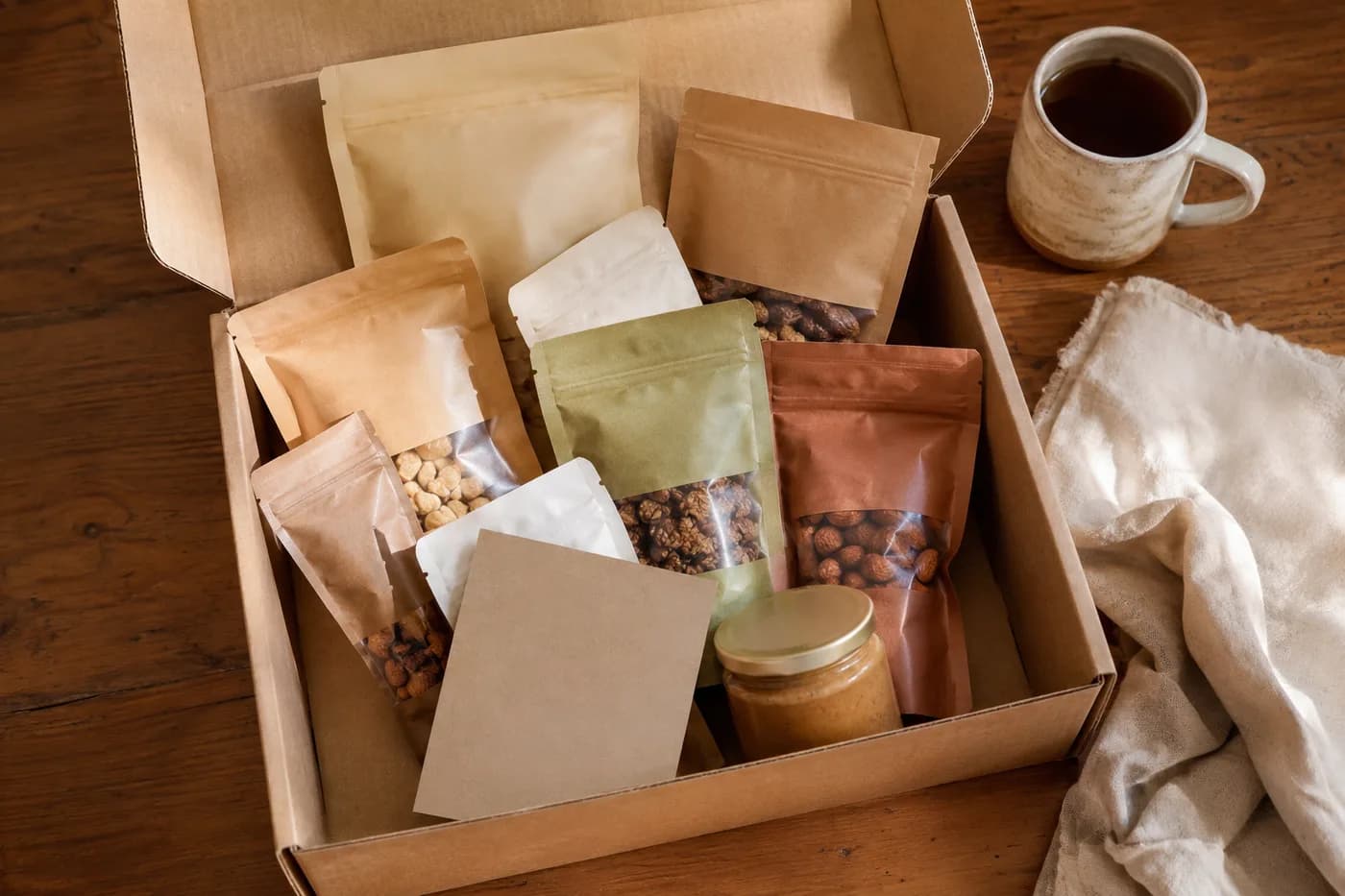 Cardboard box full of unbranded snack pouches and a jar of nut butter.