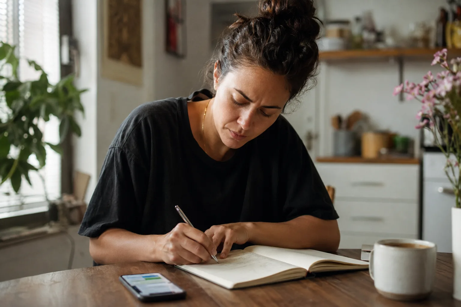 A creator at her kitchen table writing her rate card by hand in a notebook, phone beside it.