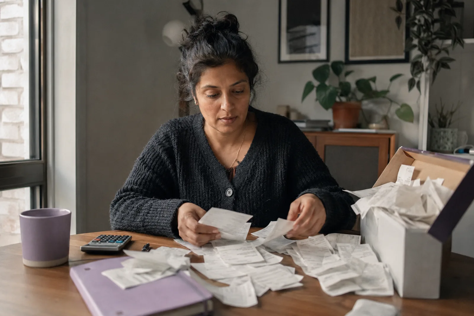 A creator at a desk in winter light sorting a box of receipts into two piles, a calculator and a mug beside her.
