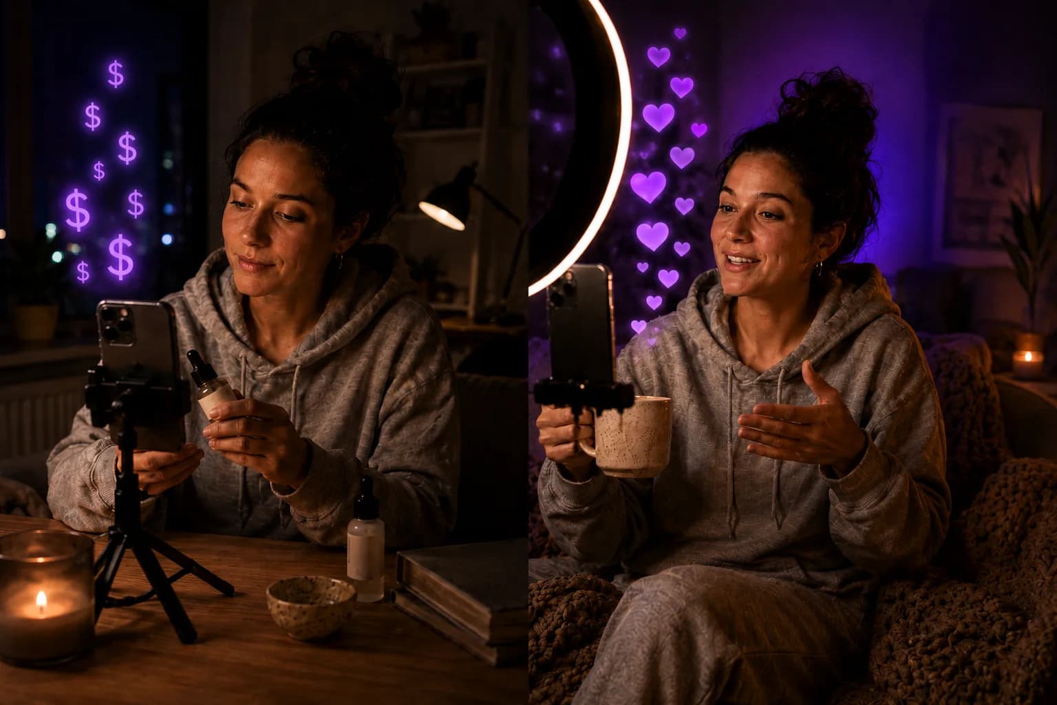 Split scene: a creator filming a blank-label serum on a phone tripod with purple dollar signs rising, and the same creator talking to camera under a ring light with purple hearts.