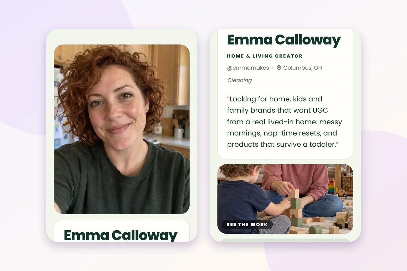 The Mosaic layout on a demo page, two phone screens: a large portrait tile, her name in a rounded card, a line about the brands she wants, and a photo tile with a See the work label.