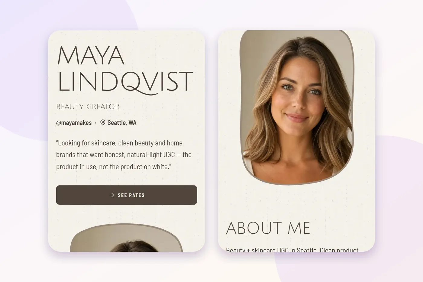 The Linen layout on a demo page, two phone screens: thin wide capitals in taupe on ivory, a short line about the brands she wants, a dark See rates button, and a portrait in a soft rounded shape.
