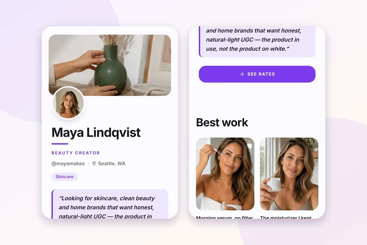 A demo beauty creator's page in the Classic layout on two phone screens: a cover photo, a round profile photo, her name and handle, a highlighted line about the brands she wants, a See rates button, and a Best work photo grid.