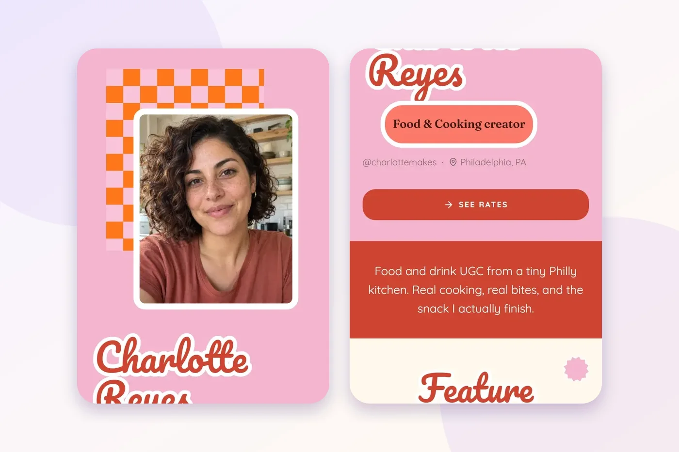 A demo food creator's page in the Pop layout on two phone screens: her photo on an orange checkerboard card, her name in a white-outlined retro script on pink, a Food and Cooking creator pill, and a See rates button above a red band with her one-line intro.