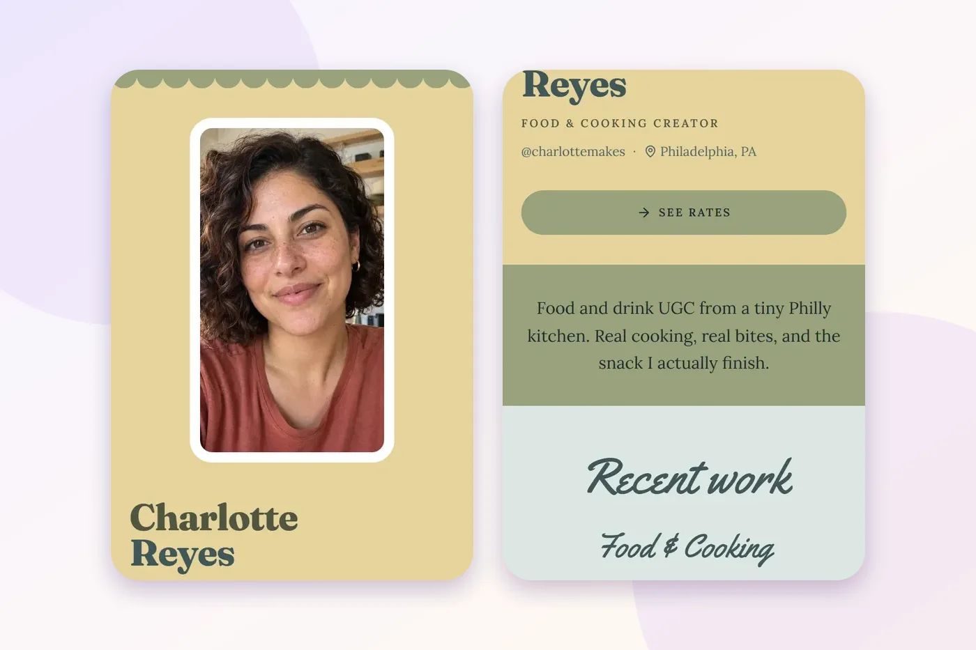 The Retro layout on a demo page, two phone screens: a portrait under a scalloped edge on butter yellow, a chunky retro name, a sage See rates button, and a sage band with her intro line.