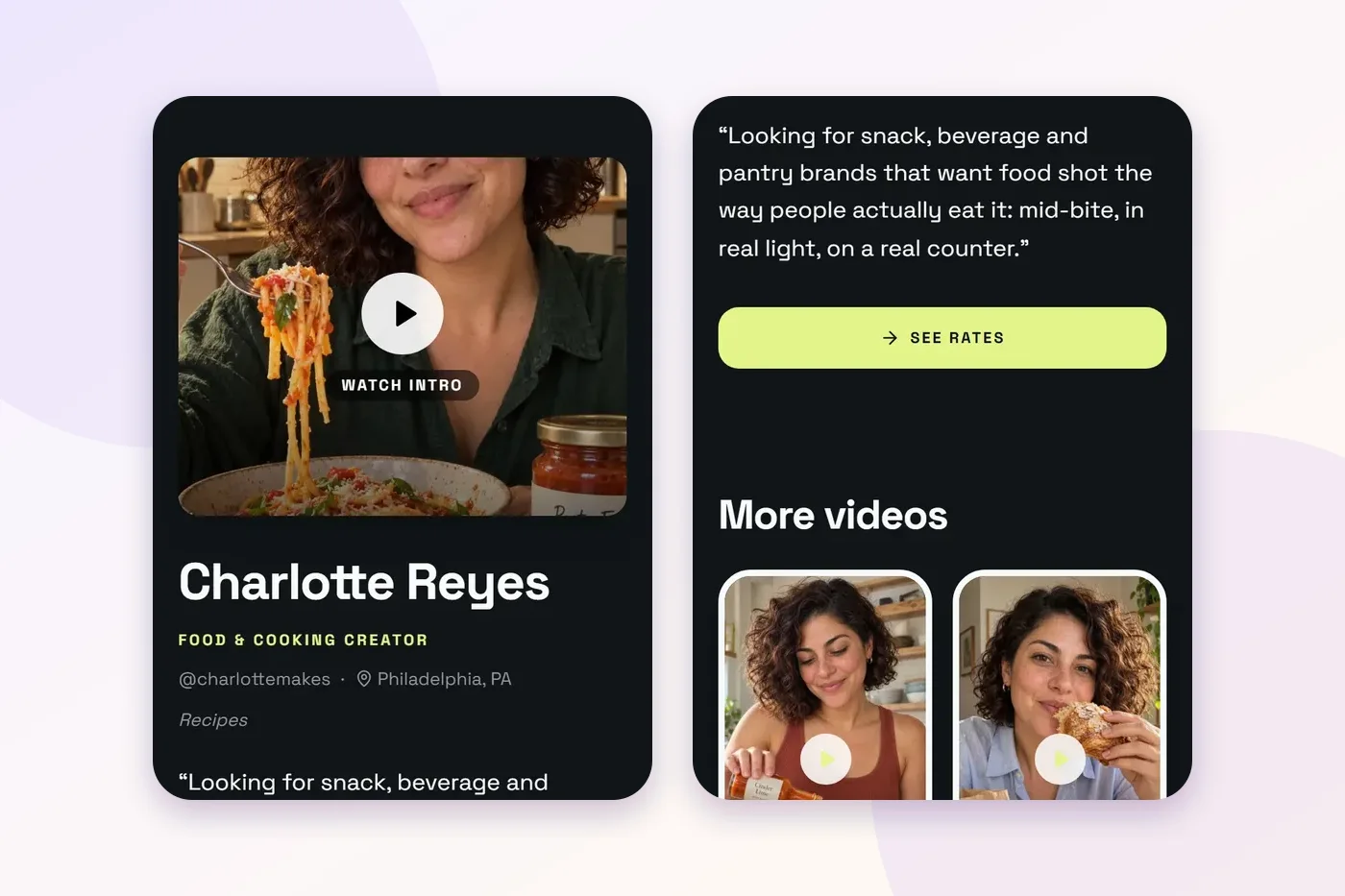 The Showreel layout on a demo page, two phone screens: a dark page with an intro clip and a Watch intro button above her name, then her line, a lime See rates button and a More videos row.