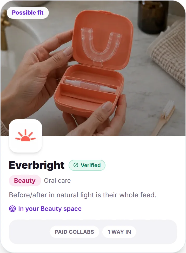 A brand card from the Discover deck, on a demo account: Everbright, a verified beauty brand in oral care, with its pitch angle and ways in.