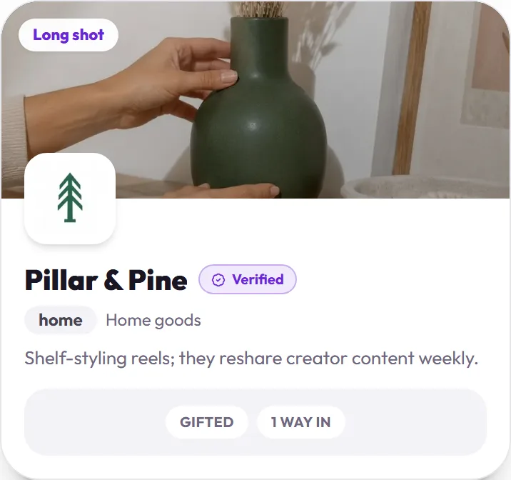 A deck card behind it: Pillar & Pine, a verified home-goods brand, on the demo account.