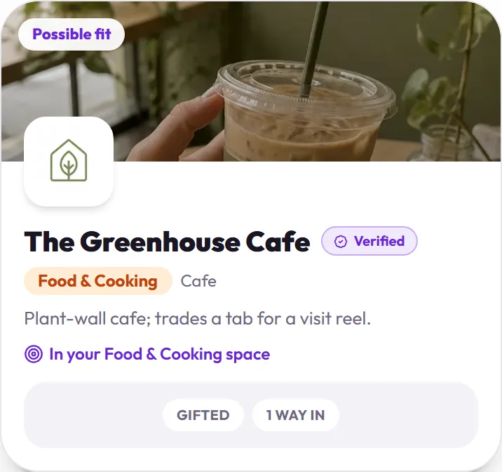Another deck card behind it: The Greenhouse Cafe, a verified cafe, on the demo account.