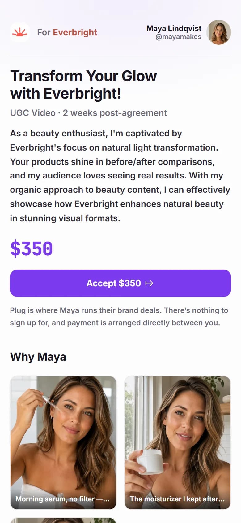 A real pitch page on a phone, on a demo account: For Everbright, the creator's pitch, the $350 offer and Accept $350.
