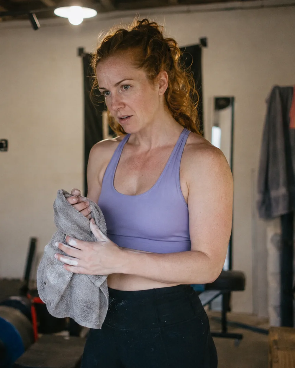 A creator in a garage gym wiping chalk from her hands with a towel while checking the shot on a phone clipped to the squat rack.
