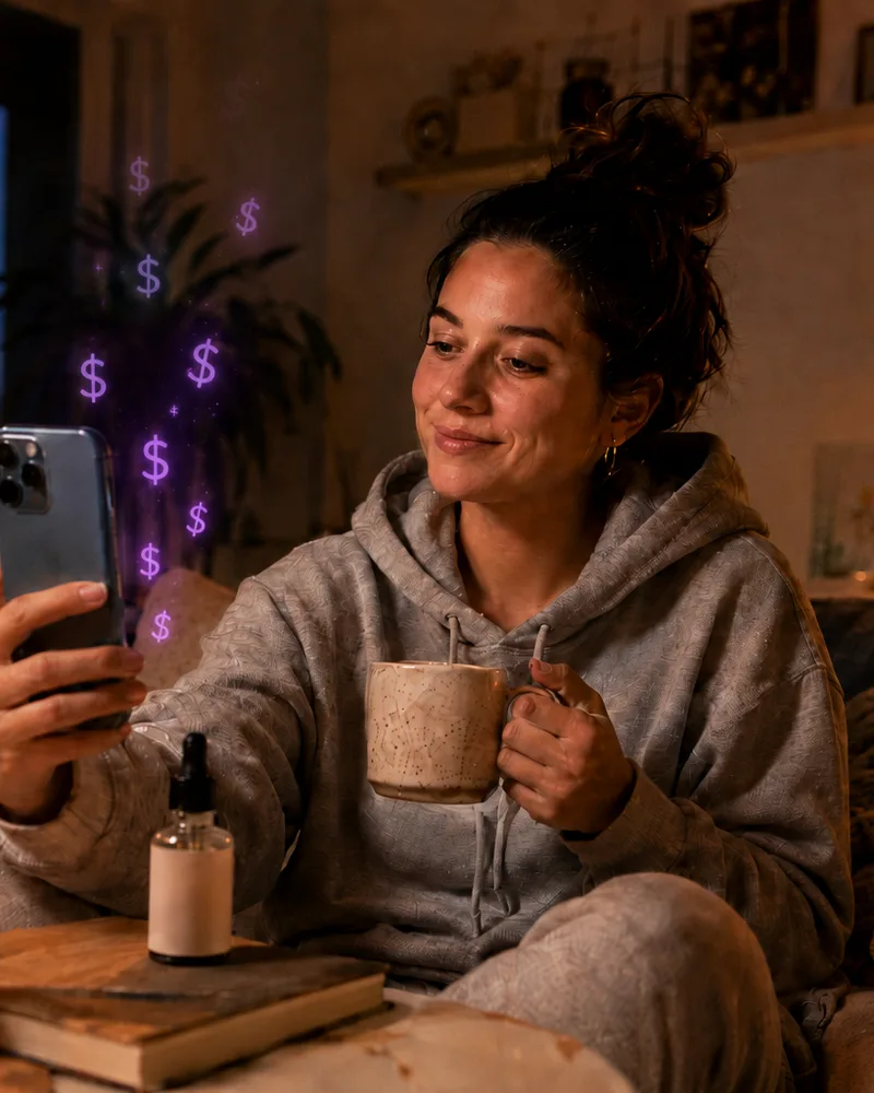 A creator in a hoodie on her couch at night, coffee in one hand, filming a blank-label serum on her phone.