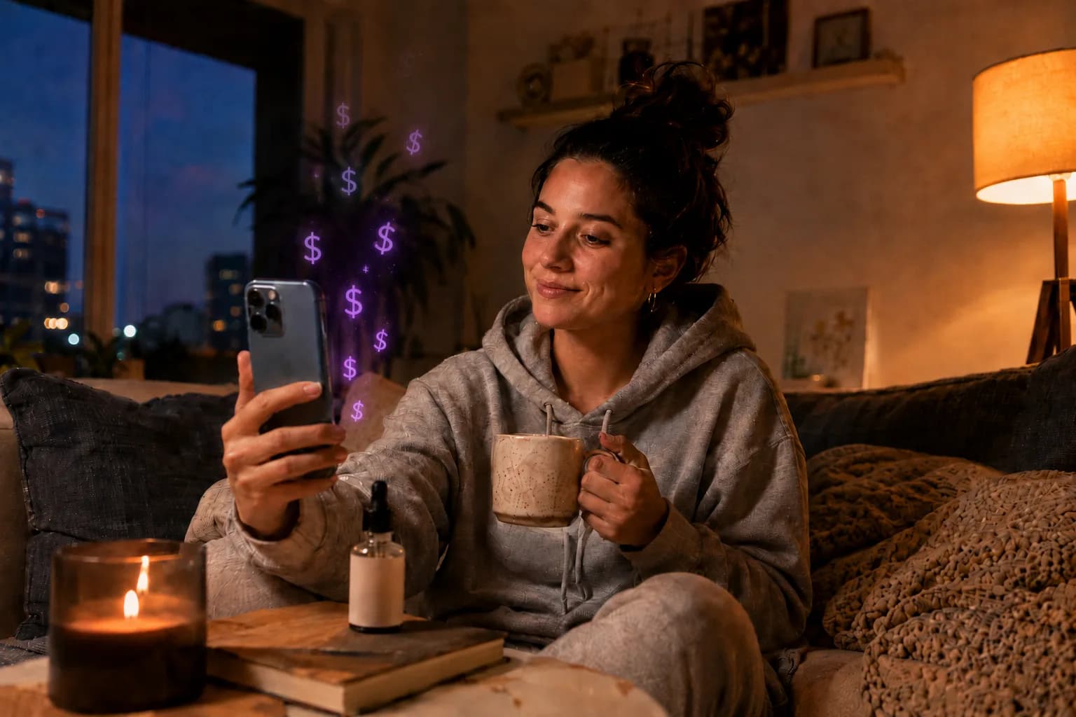 A creator in a hoodie on her couch at night, coffee in one hand, filming a blank-label serum on her phone.