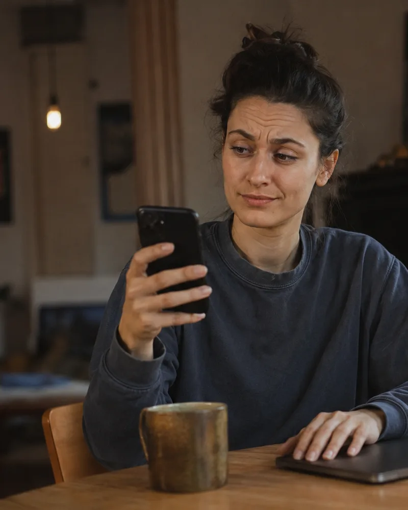 A creator at her kitchen table reading a brand's message on her phone with a raised eyebrow, deciding whether the offer is real.
