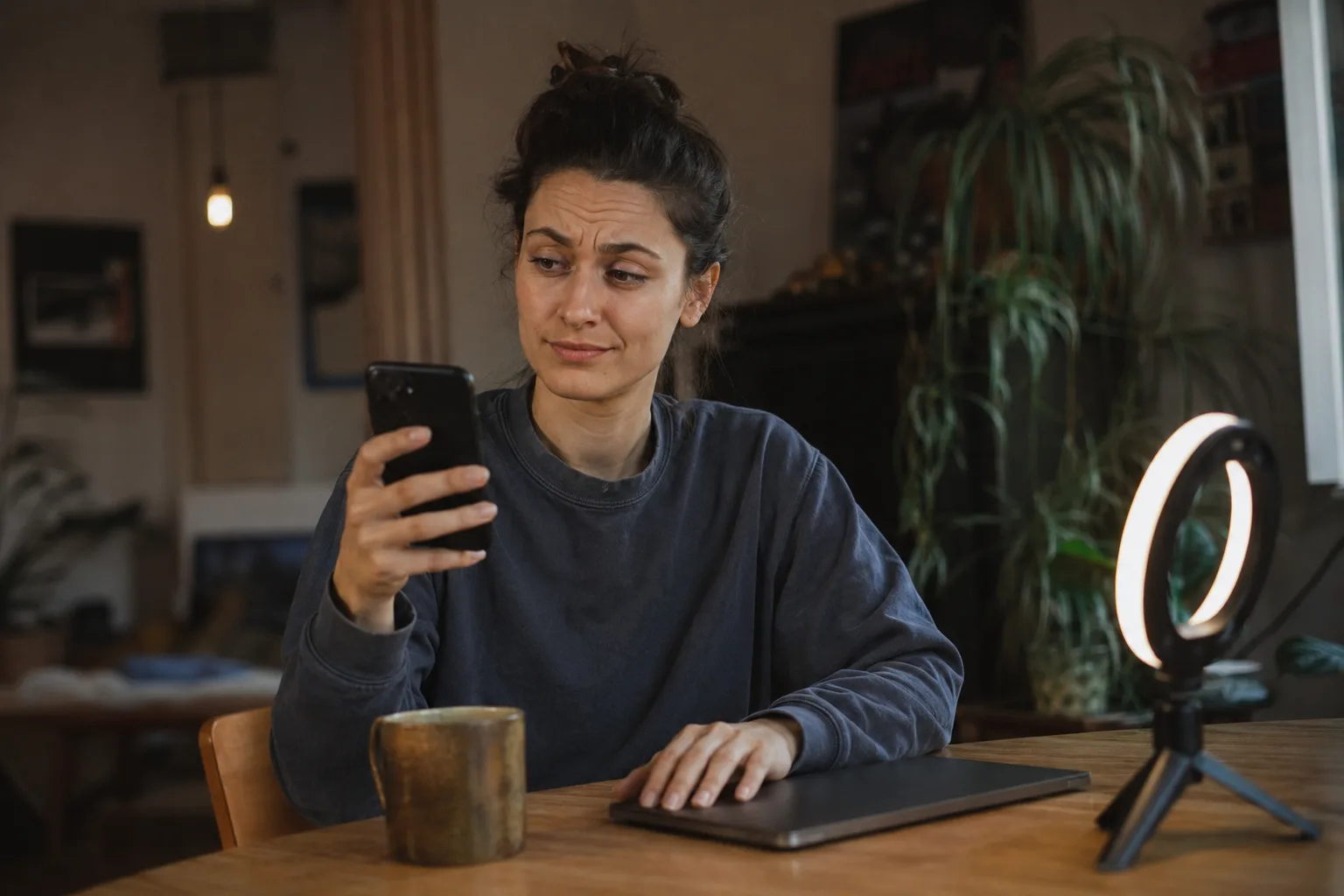 A creator at her kitchen table reading a brand's message on her phone with a raised eyebrow, deciding whether the offer is real.