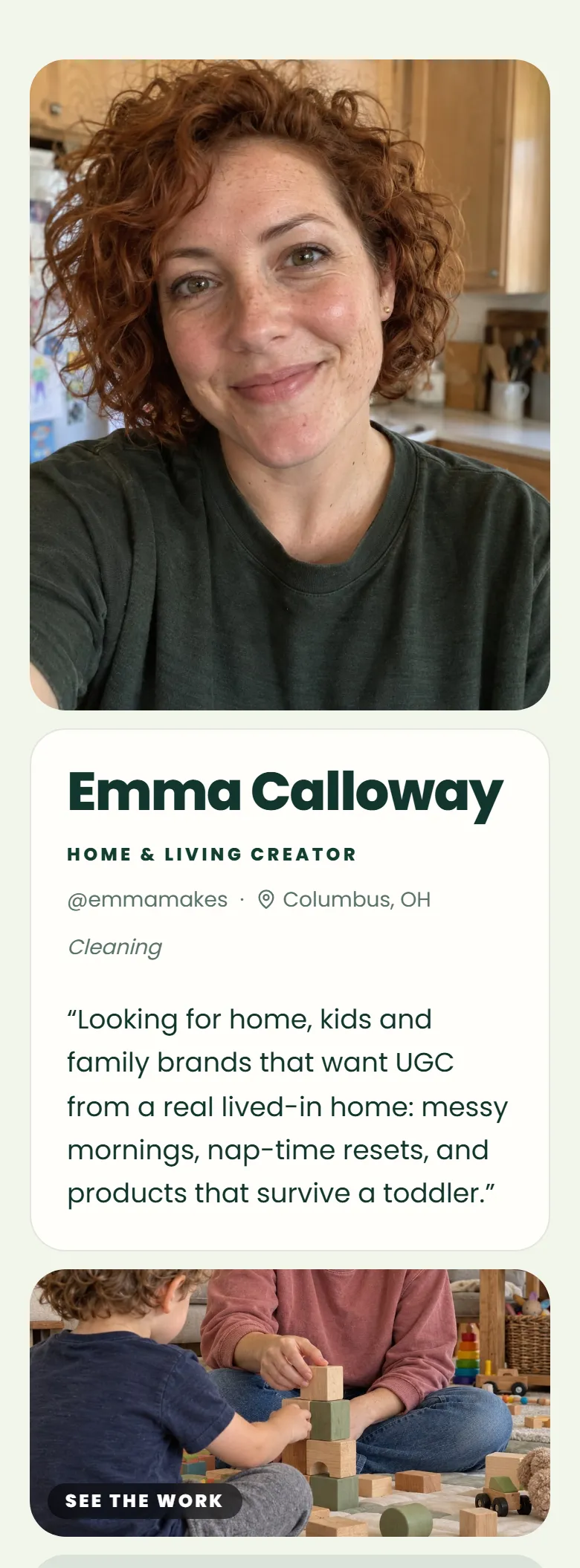 The Mosaic layout on a phone, shown on a demo page: a home and family creator's portrait in a rounded tile above her name and collab line.
