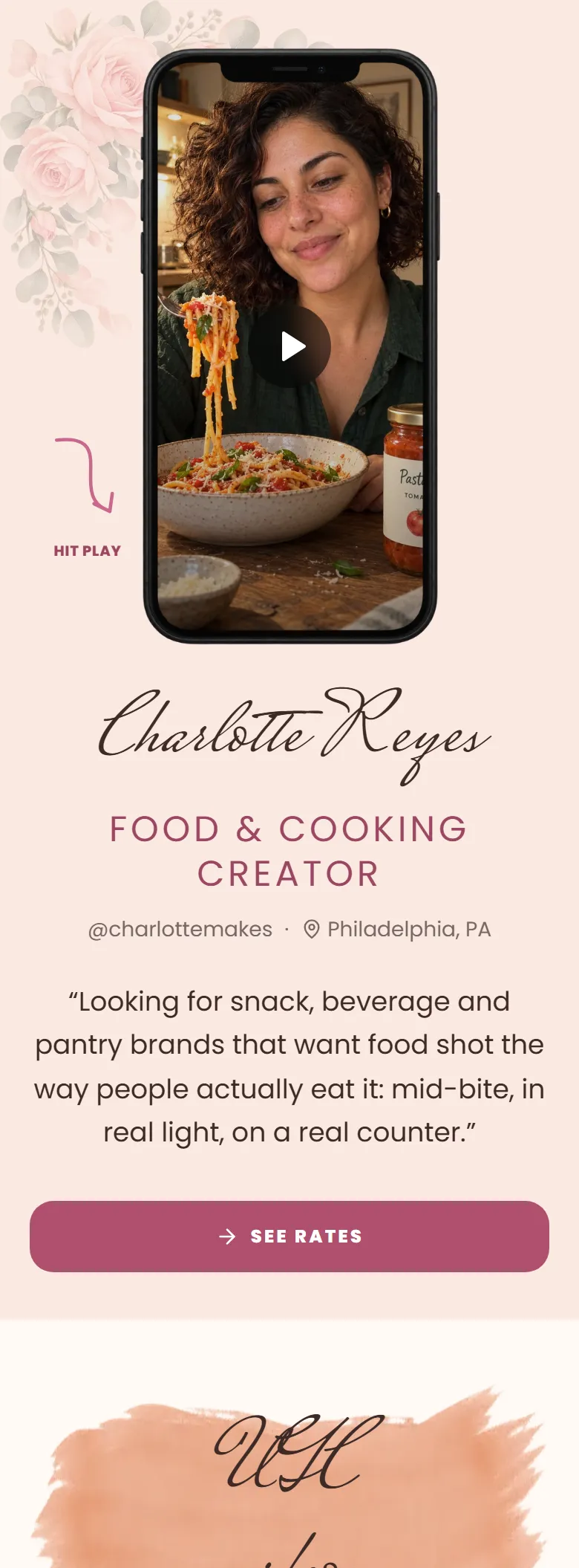 The Blush layout on a phone, shown on a demo page: a food creator's clip in a phone frame among watercolour roses, her name signed below.