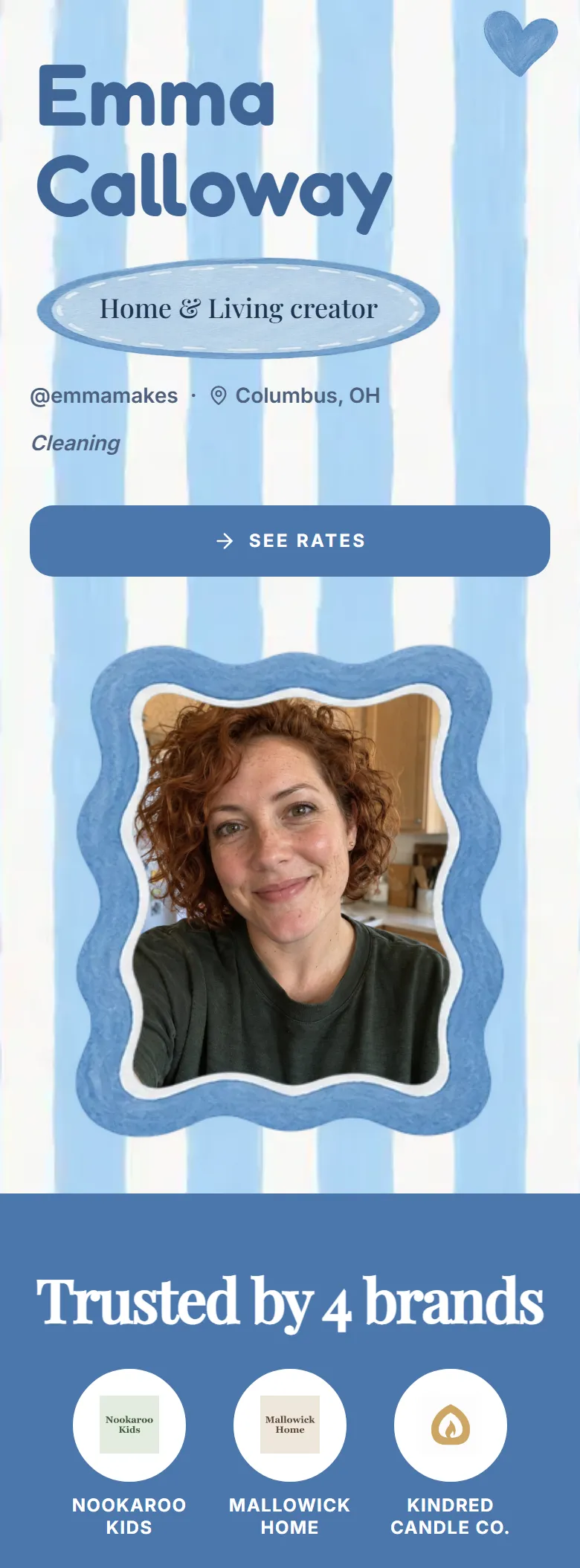The Daydream layout on a phone, shown on a demo page: a big rounded name on painted blue stripes and a portrait in a wavy frame.