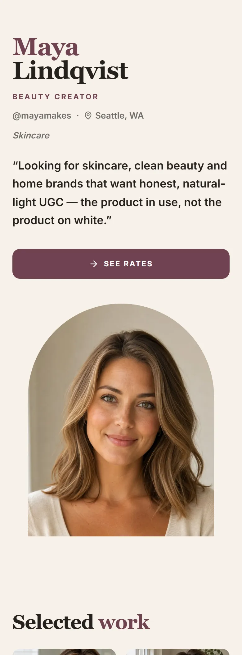 The Editorial layout on a phone, shown on a demo page: a two-tone serif name, a short collab line, a See rates button and an arched portrait.