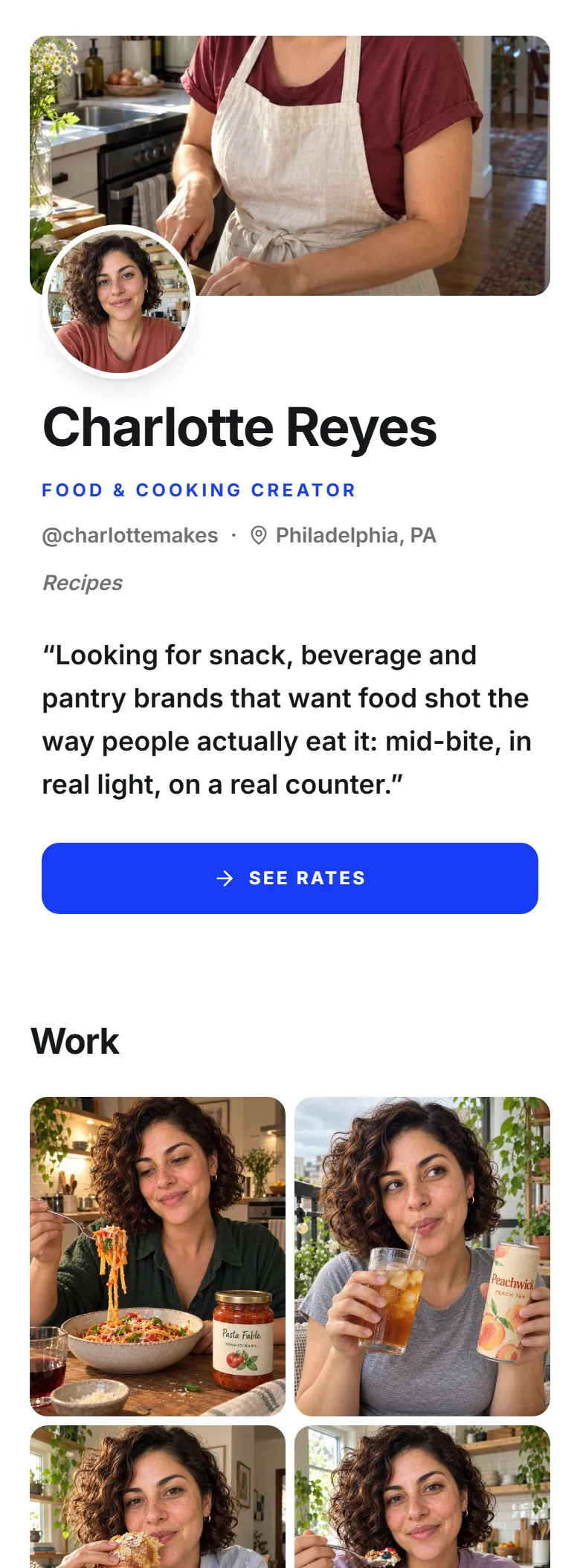 The Lookbook layout on a phone, shown on a demo page: a food creator's kitchen cover photo, a round profile photo, her name, and a wall of her food photos.