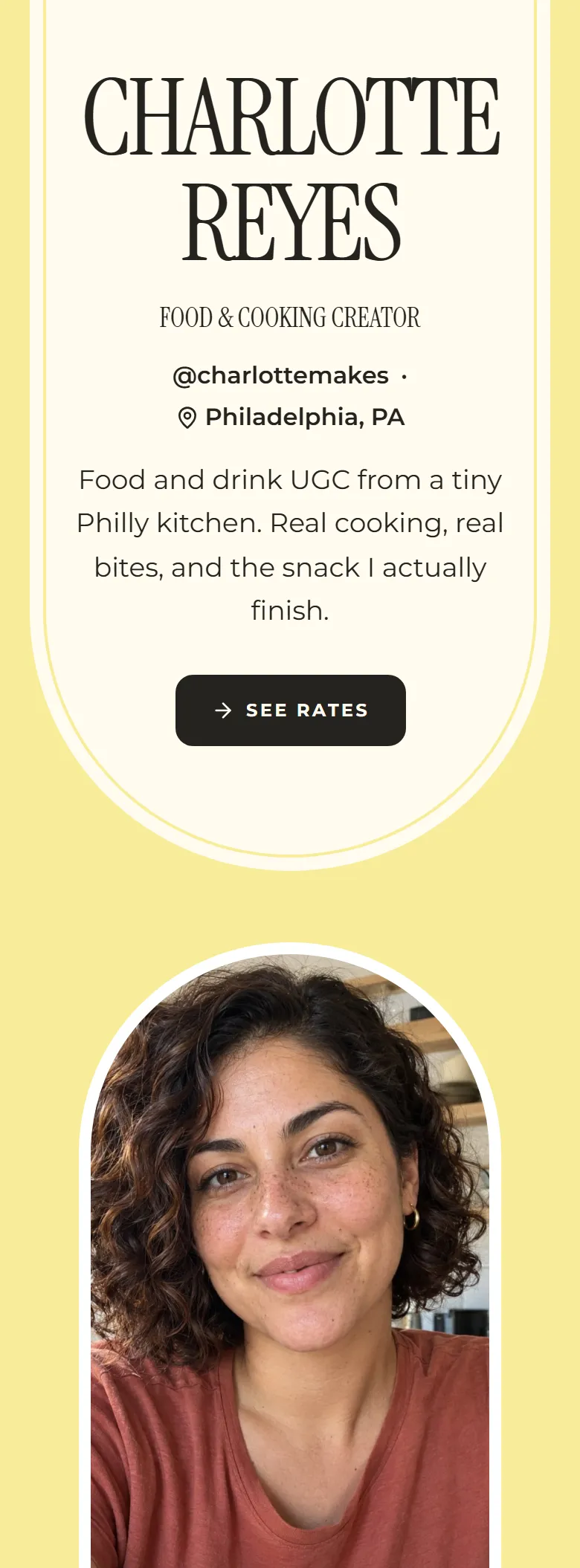 The Lemon layout on a phone, shown on a demo page: a food creator's name in tall capitals on a rounded lemon panel.