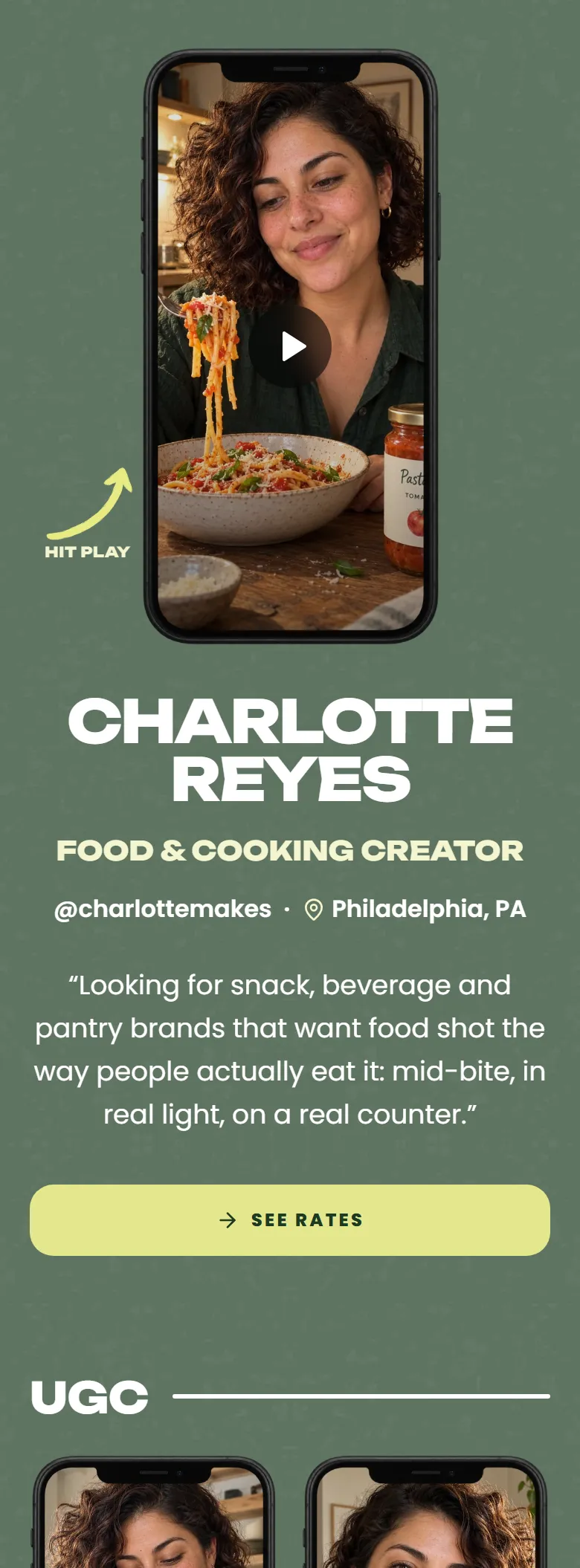The Lime layout on a phone, shown on a demo page: a food creator's intro clip playing in a phone frame above her name in wide capitals.