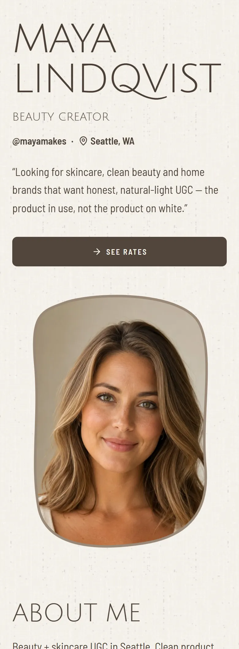The Linen layout on a phone, shown on a demo page: thin wide capitals in warm taupe on ivory, and a portrait cut to a soft shape.