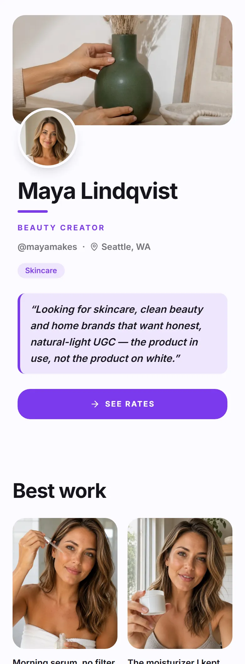The Classic layout on a phone, shown on a demo page: a cover photo, a round profile photo on its edge, the creator's name and a See rates button.
