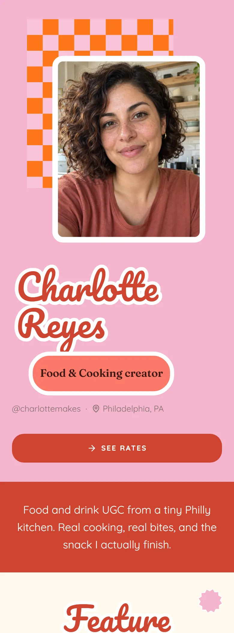 The Pop layout on a phone, shown on a demo page: a food creator's photo on a checkerboard card and her name in a white-outlined retro script on pink.