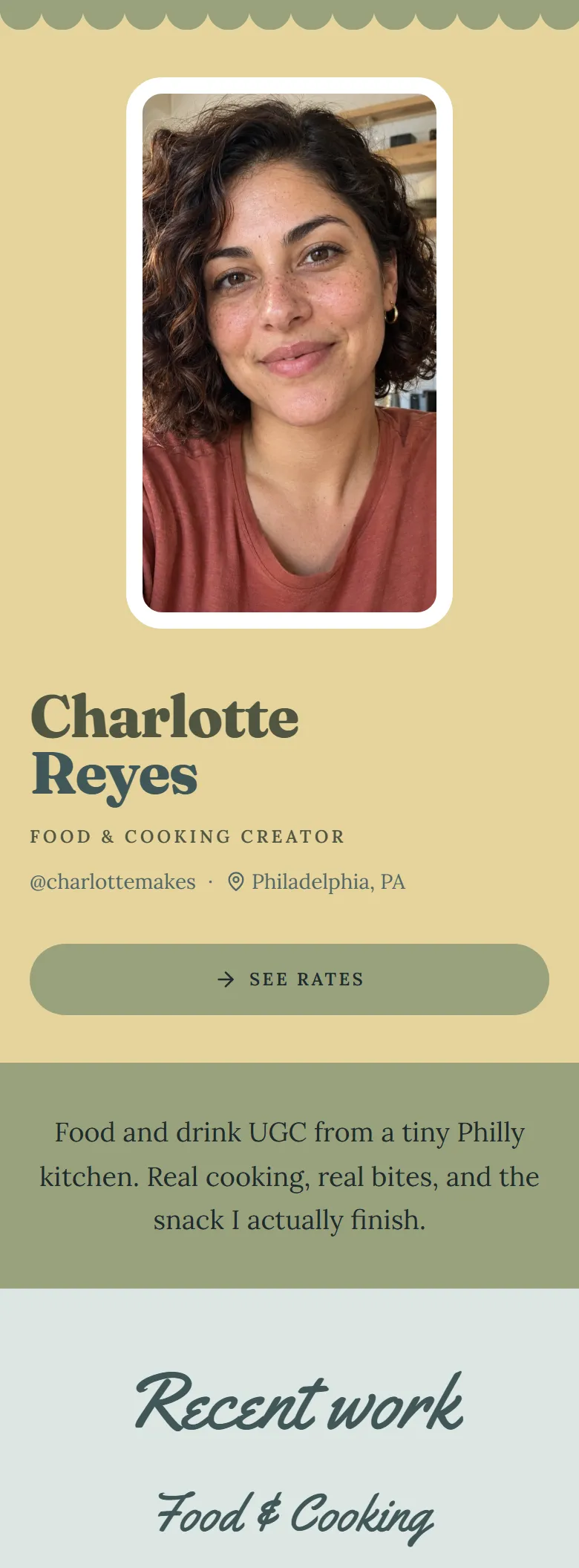 The Retro layout on a phone, shown on a demo page: a food creator's portrait under a scalloped edge on butter yellow, with a chunky retro name.