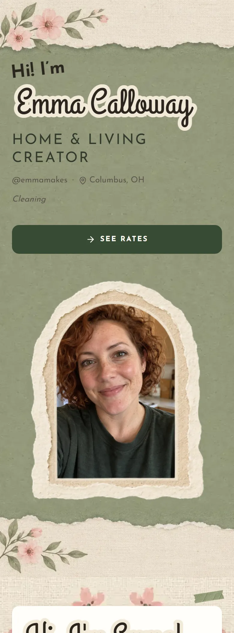 The Sage layout on a phone, shown on a demo page: a retro script name on torn sage paper with a portrait in a paper frame.