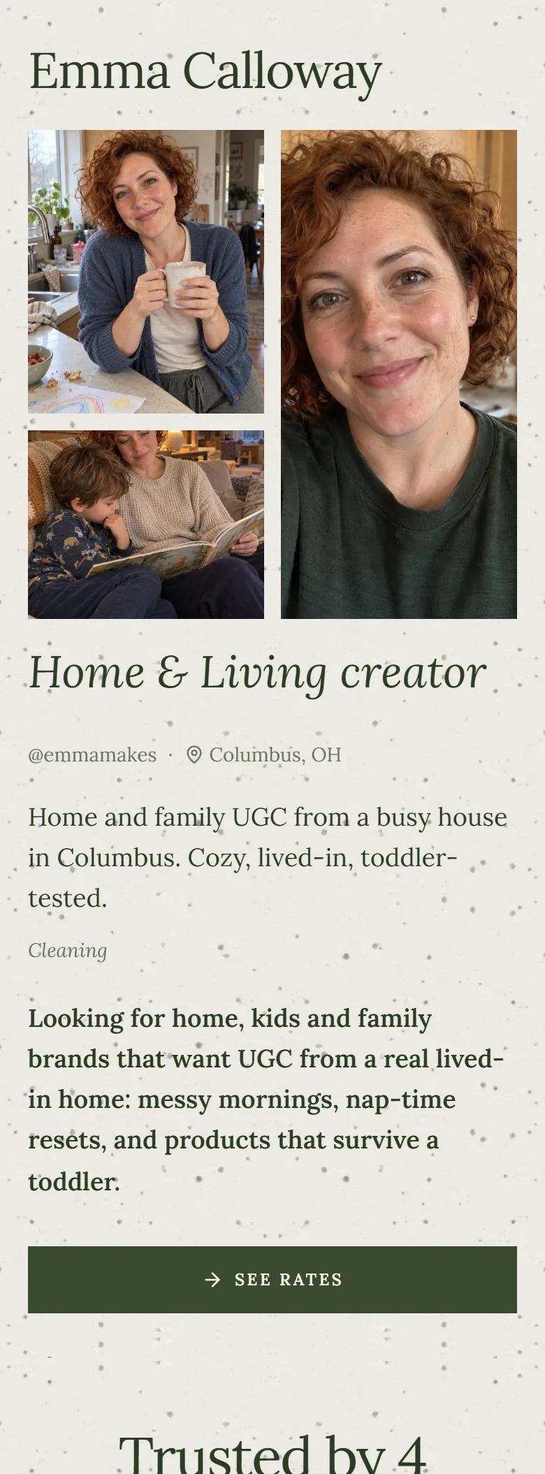 The Stone layout on a phone, shown on a demo page: a slim serif name over three photos on speckled stone paper.