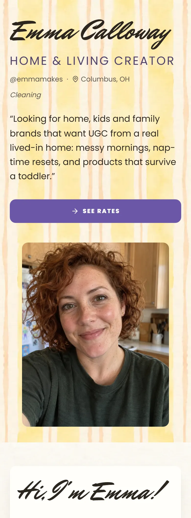 The Meadow layout on a phone, shown on a demo page: a signed name over watercolour stripes with a portrait below.