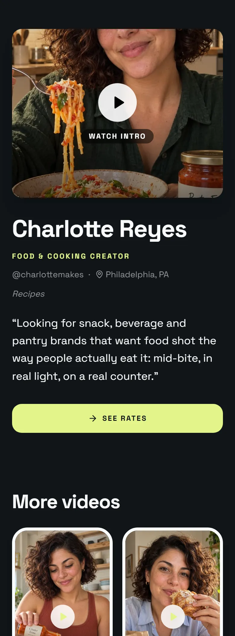 The Showreel layout on a phone, shown on a demo page: a food creator's intro clip with a Watch intro button above her name on a dark page.