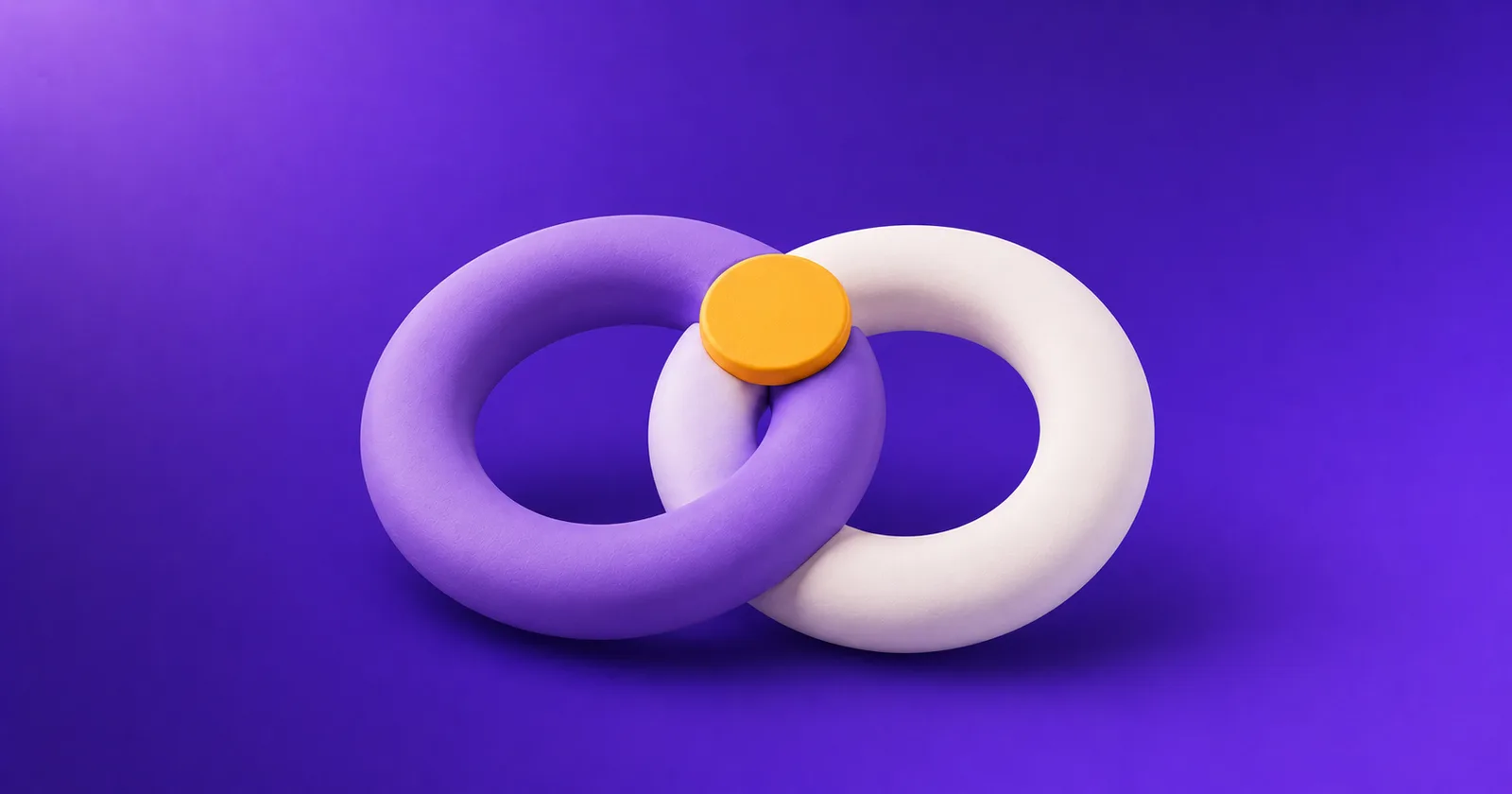 Two interlocking rings, one purple and one off-white, with an amber coin resting where they overlap