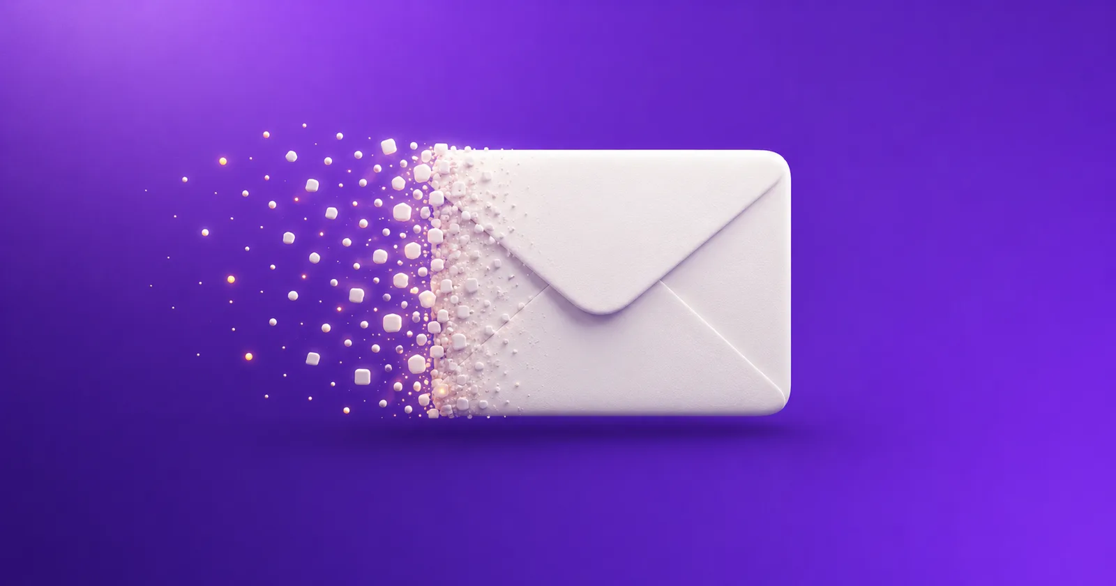 An off-white envelope assembling itself from a drift of glowing particles on its left side