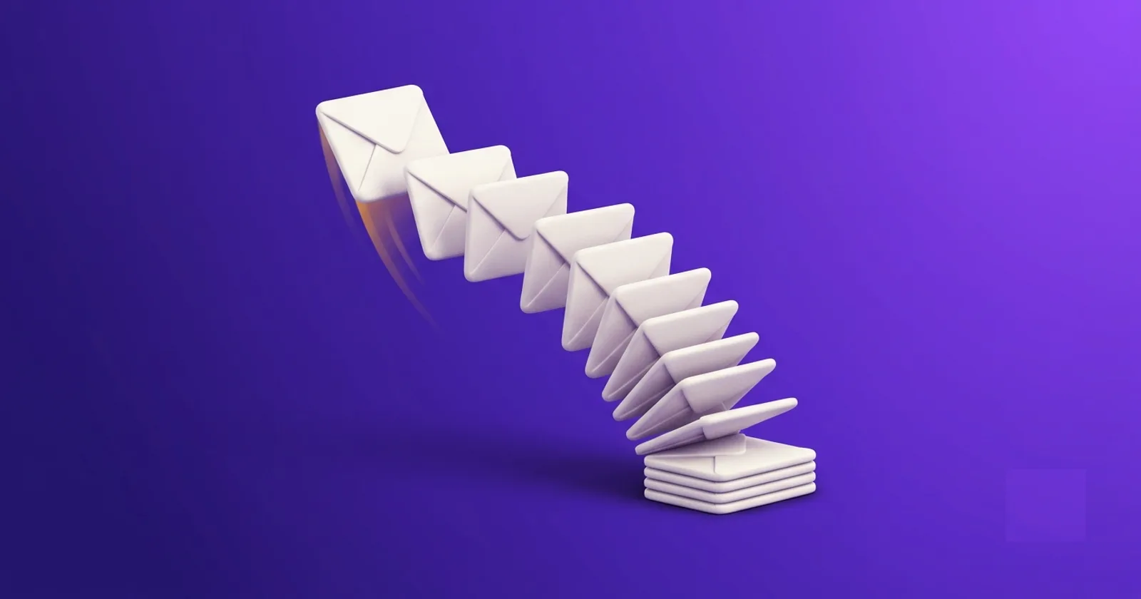 Fifteen envelopes fanning out from a stack, the first one lifting off