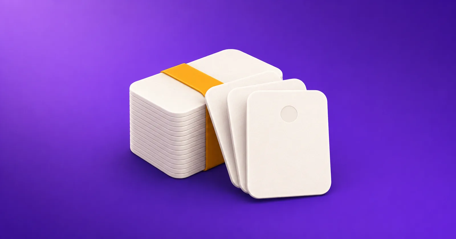A bundle of off-white contact cards bound with an amber band, three cards fanned out in front