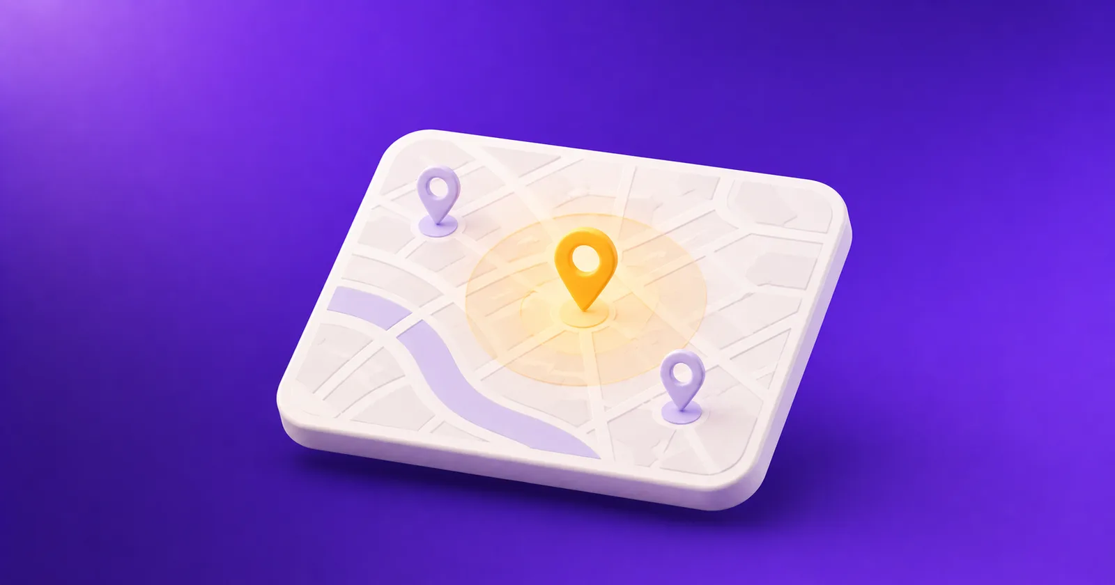 A rounded map tile with soft street lines, three location pins, and a glowing amber radius around the center pin