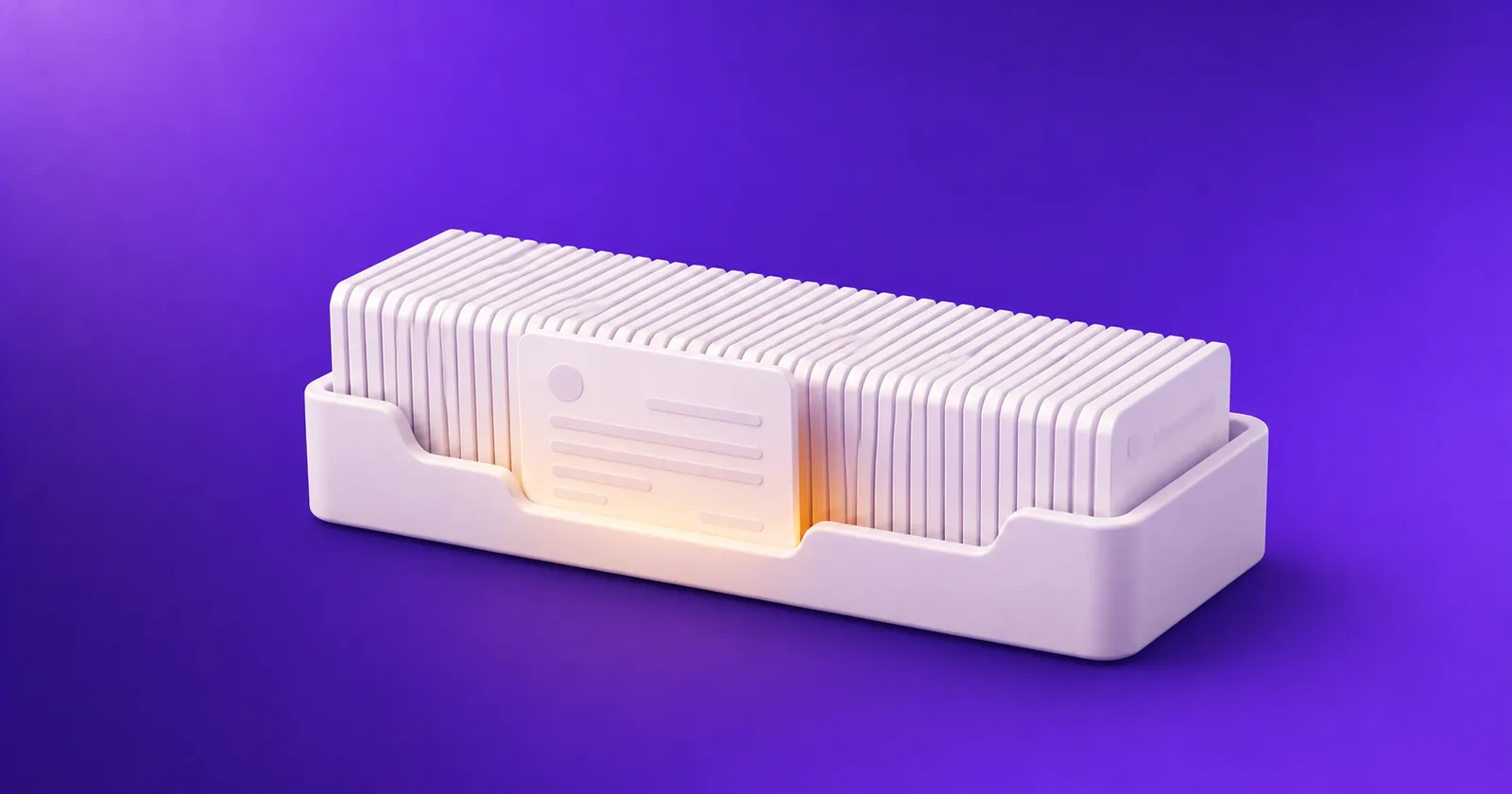 A shallow tray holding a row of thin message cards, one pulled halfway out and lit from below