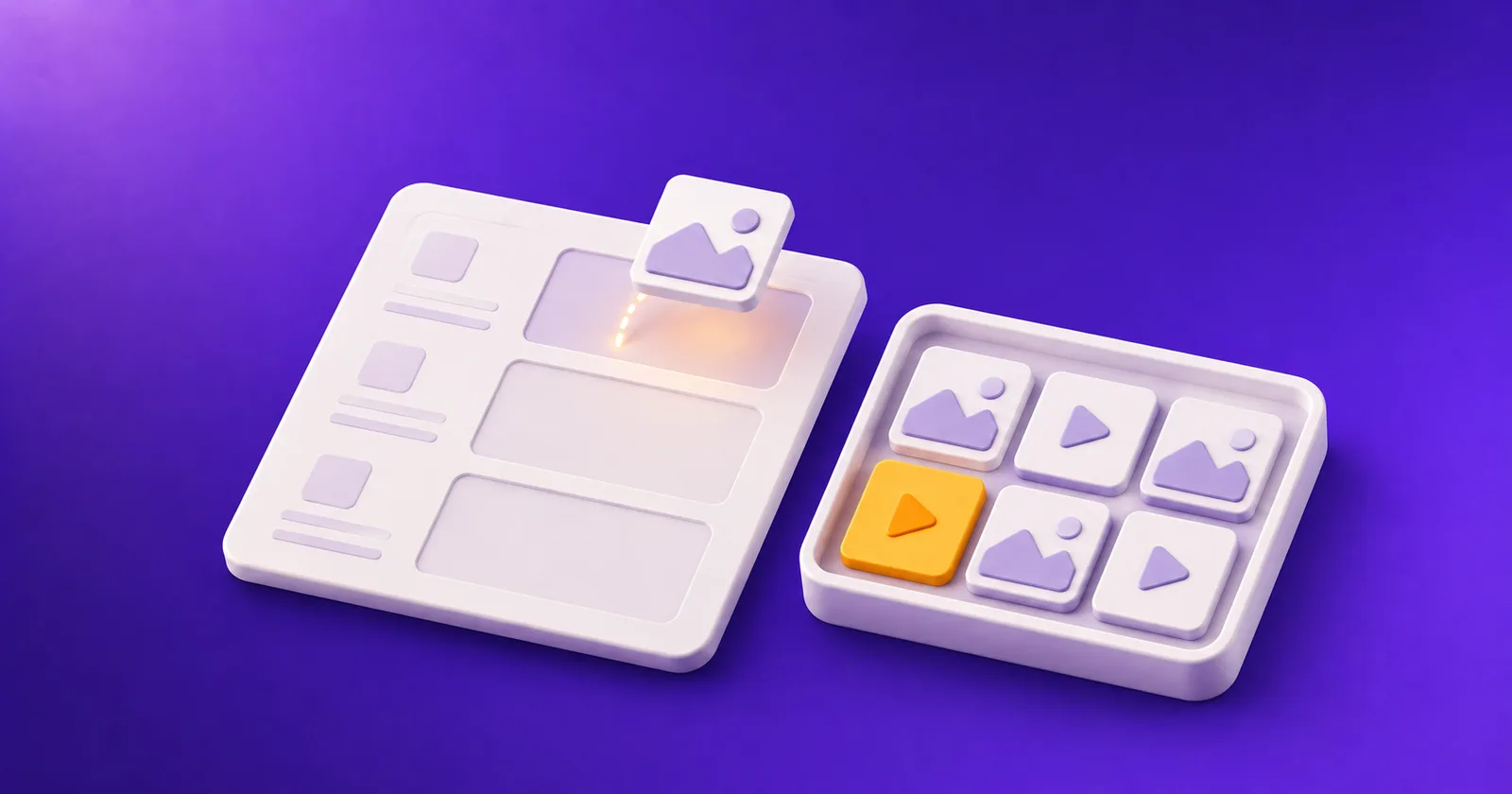 A template sheet with three empty slots beside a tray of photo and video tiles, one tile dropping into a slot