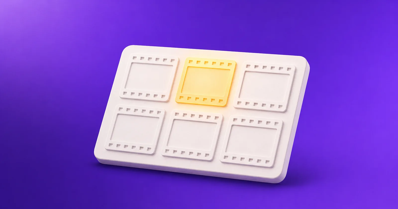 A storyboard grid of six blank film frames on a tilted board, one frame lit amber as the reference shot