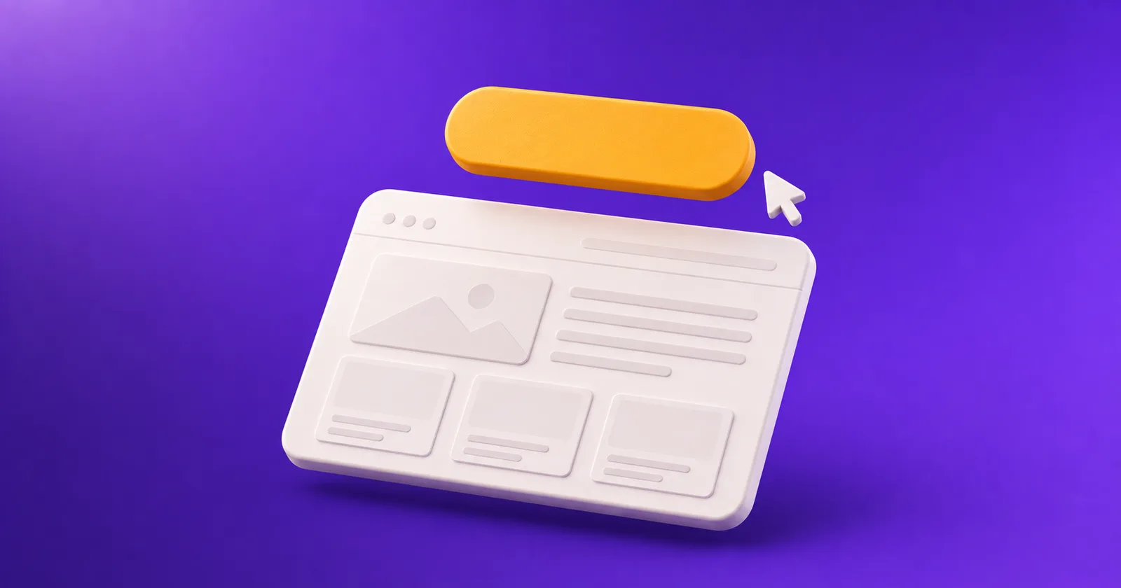 An amber pill button floating above a minimal webpage wireframe, with a cursor arrow approaching it