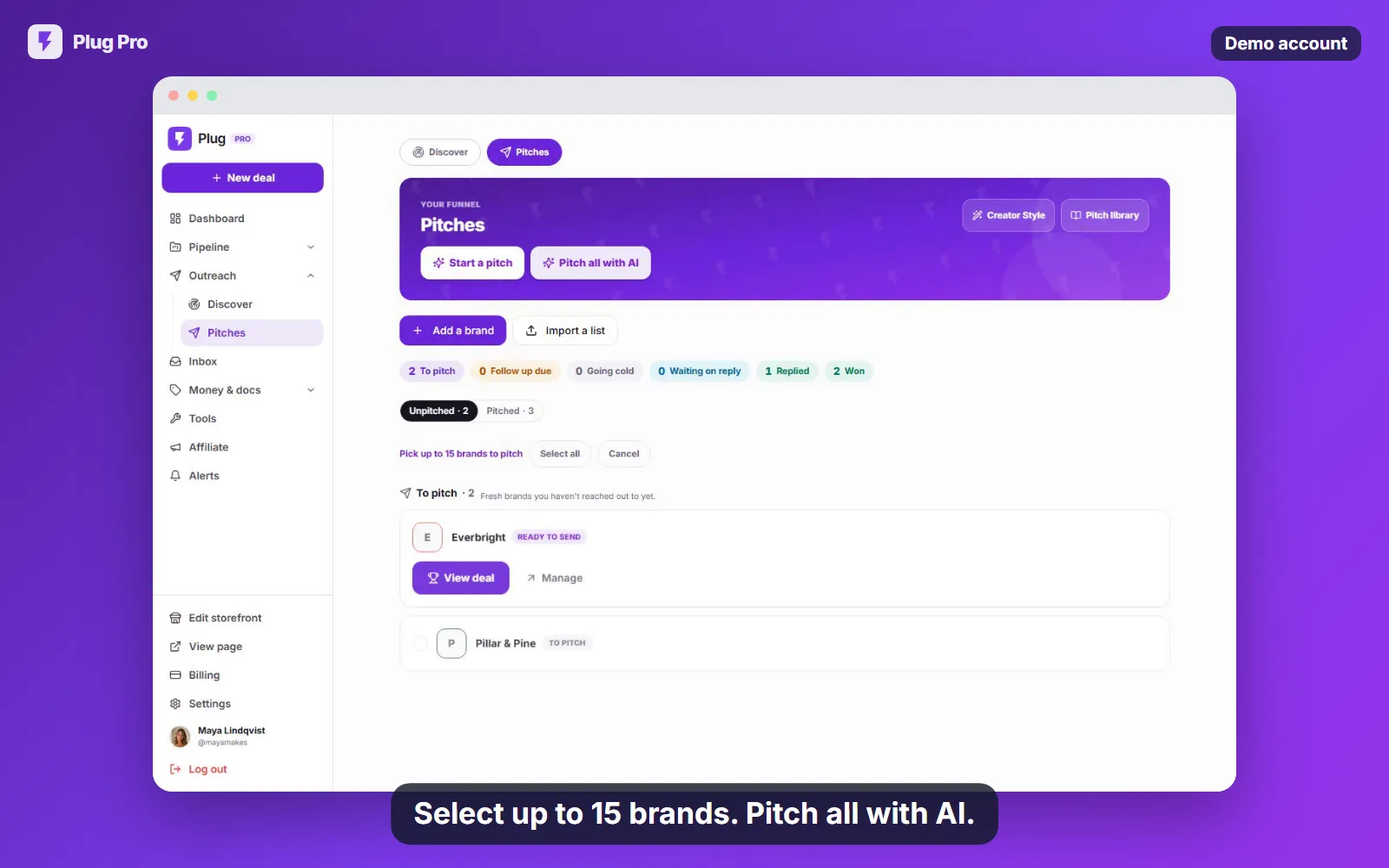 Selecting brands on the pitch worklist and pitching them all with AI.